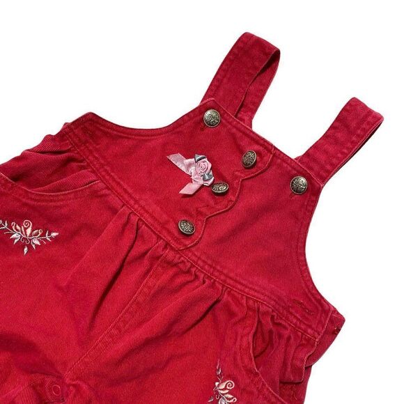 Vintage 80s Floral Embroidered Red Overalls - Picture 2 of 3